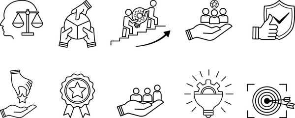 Obraz premium Set of Core Values Icons. Vector Icons Commitment, Innovation, Customers, Teamwork, Honesty, Goals, Responsibility, Reliability, Quality, and Inclusion