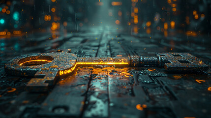 Ancient key discovered in a futuristic setting, symbolizing the blend of past and future, style cyan and yellow, cinematic tone - obrazy, fototapety, plakaty