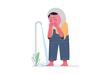 Cute Muslim Kids Boy Performing Ablution vector Illustration
