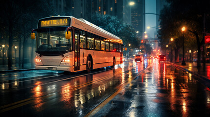 A city bus in the rain, with the reflections on wet streets and the glow of city lights creating a...