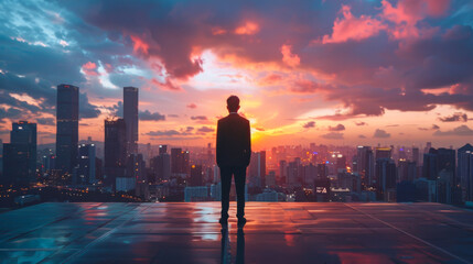 Silhouette of a man facing city sunset