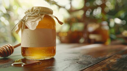 Honey glass with empty label. Jar with honey and honey dipper, on wooden table. - obrazy, fototapety, plakaty