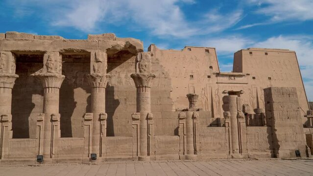 Ancient Egyptian temple in Edfu. Edfu also spelt Idfu, and known in antiquity as Behdet. Edfu is the site of the Ptolemaic Temple of Horus and an ancient settlement. Egypt.