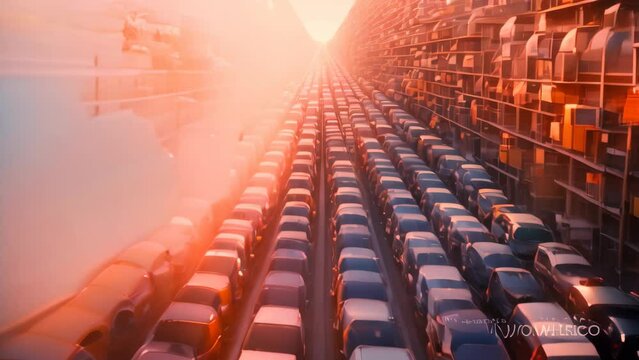 A photograph capturing a multitude of cars stored in a spacious warehouse, Traffic jam with rows of cars, AI Generated