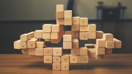 Obraz premium A wooden CRM structure with blocks linked to form a network symbolizing customer data management 
