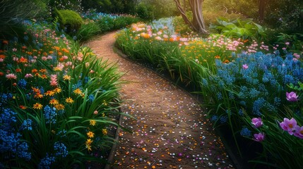 garden path with blooming flowers, beautiful spring nature