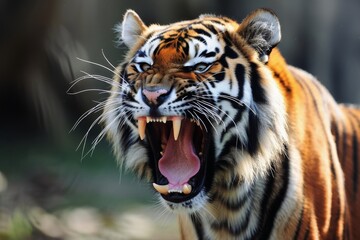 Close up of a strong roaring tiger.