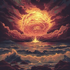 Capture the swirling patterns of destruction caused by a nuclear blast in the sea dark fantasy - obrazy, fototapety, plakaty