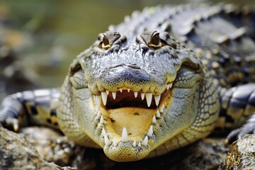 Fototapeta premium Close up of a dangerous crocodile with a wide open mouth.