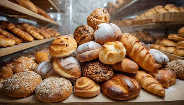 Lebensmittel, Backwaren, viele verschiedene Geb&auml;ckst&uuml;cke in einer B&auml;ckerei, KI generiert