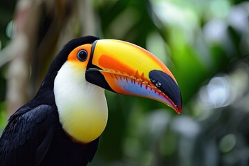 Fototapeta premium close-up view of a colorful toucan bird in the jungle