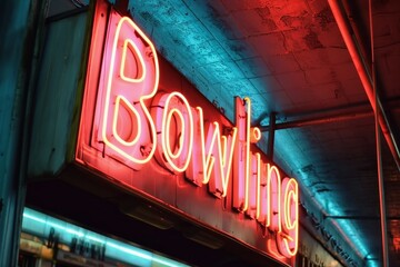 A neon sign showing the word Bowling.