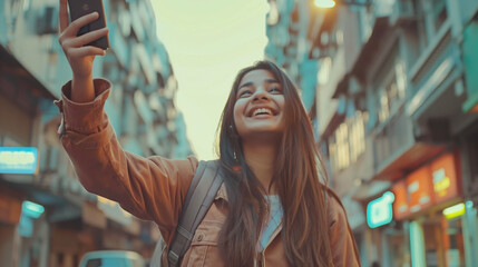 A walk through the city and a trip of an Indian young woman who stands on the street with a backpack and takes a selfie on the phone, talks with a smile on a video call, takes photos of landmarks - Powered by Adobe