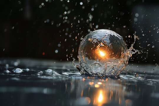 A glass sphere splashing into water.