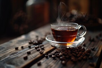 Glass cup of hot coffee and coffee beans on wooden table macro view. Front view. Horizontal...