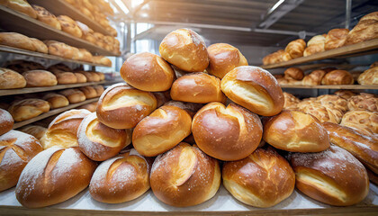 Lebensmittel, Backwaren, viele verschiedene Brote in einer Bäckerei, KI generiert - obrazy, fototapety, plakaty