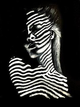 White on black painting of a woman with light streaming through the blinds