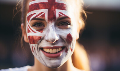 Vibrant Portrait of a Joyful Female English Supporter with a English Flag Painted on Her Face, Celebrating at UEFA EURO 2024 - obrazy, fototapety, plakaty