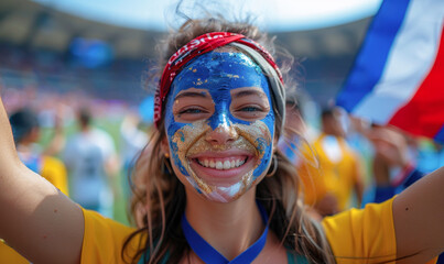 Vibrant Portrait of a Joyful Female French Supporter with a French Flag Painted on Her Face, Celebrating at UEFA EURO 2024 - obrazy, fototapety, plakaty