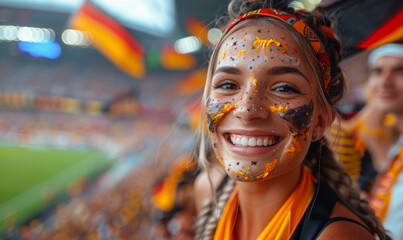 Fototapeta premium Portrait of a passionate female German fan celebrating at a UEFA EURO 2024 football match, her face painted with the colors and patterns of the German flag, radiating enthusiasm and national pride