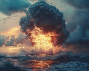 Showcase the catastrophic consequences of a nuclear bomb detonated in the ocean highlighting the product - obrazy, fototapety, plakaty