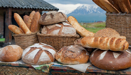 Lebensmittel, Backwaren, viele verschiedene Brote in einer Bäckerei, KI generiert - obrazy, fototapety, plakaty
