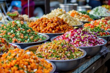 colorful array of Indian spicy street food chaat masala - obrazy, fototapety, plakaty