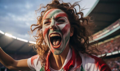 Portrait of a passionate female Hungarian fan celebrating at UEFA EURO 2024 football match, her face painted with the colors and patterns of the Hungarian flag, radiating enthusiasm and national pride - obrazy, fototapety, plakaty