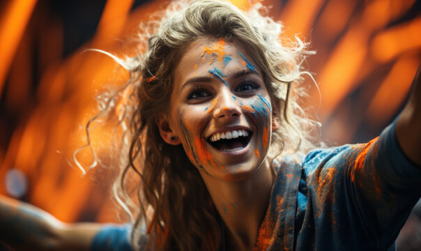 Portrait of a passionate female Dutch fan celebrating at a UEFA EURO 2024 football match, her face painted with the colors and patterns of the Dutch flag, radiating enthusiasm and national pride