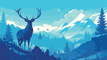 Wildlife elk in forest with mountain landscape vector