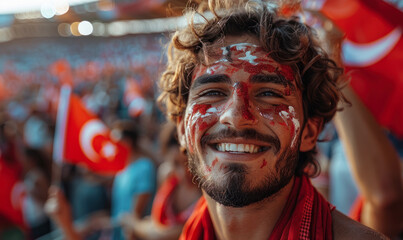 Vibrant Portrait of a Joyful male Turkey Supporter with a Turkish Flag Painted on His Face, Celebrating at UEFA EURO 2024 - obrazy, fototapety, plakaty