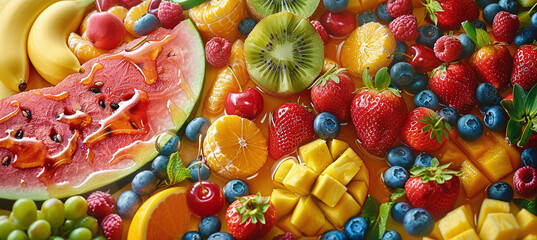 a variety of tropical fruits and berries. Watermelon, banana, pineapple, strawberry, orange, mango, blueberry - obrazy, fototapety, plakaty