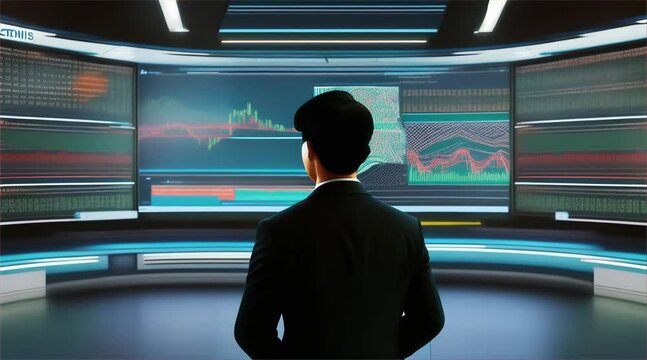 Businessman looking at screen while trading stocks using computer in digital office environment