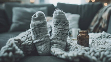 Feet in wool socks extend from under a blanket with cold remedies close by.
