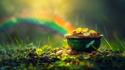 St. Patrick's Day and the Leprechaun coin jar concept, with a rainbow on the green space indicating where the leprechaun hides the treasure. Patron saint of Ireland
 - obrazy, fototapety, plakaty