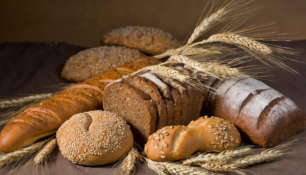Lebensmittel, Backwaren, viele verschiedene Brote, Vollkornbrot, KI generiert