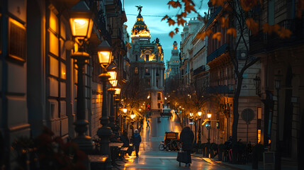 Fototapeta na wymiar A photo of the streets of Madrid, with historical buildings as the background, during a lively night