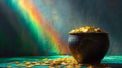 St. Patrick's Day and the Leprechaun coin jar concept, with a rainbow on the green space indicating where the leprechaun hides the treasure. Patron saint of Ireland
