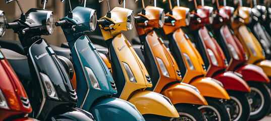 Fototapeta premium row of scooters of different colors