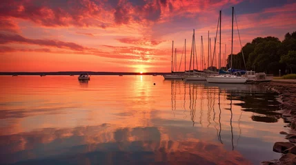 Foto op Plexiglas A coastal waterway in HDR, showing a vibrant sunset with sailboats anchored in the bay, and the sky's warm hues reflected in the calm waters. © Abdul