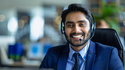 Naklejka premium Cheerful indian businessman using headset in modern office space