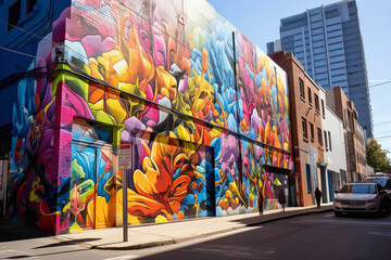 Indulge your senses in the vibrant tapestry of a city street art mural alive with energy.