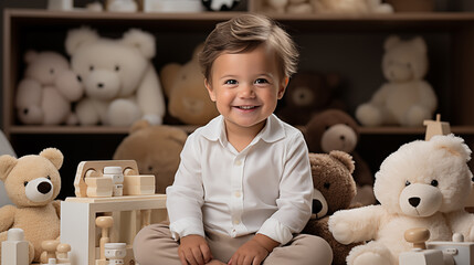 Little cute child in the room with different toys, soft focus background