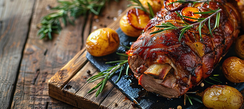 Roasted meat, potatoes with rosemary on a wooden board for Easter