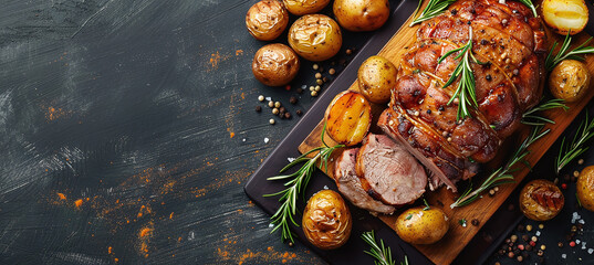 Roasted meat, potatoes with rosemary on a wooden board for Easter - Powered by Adobe