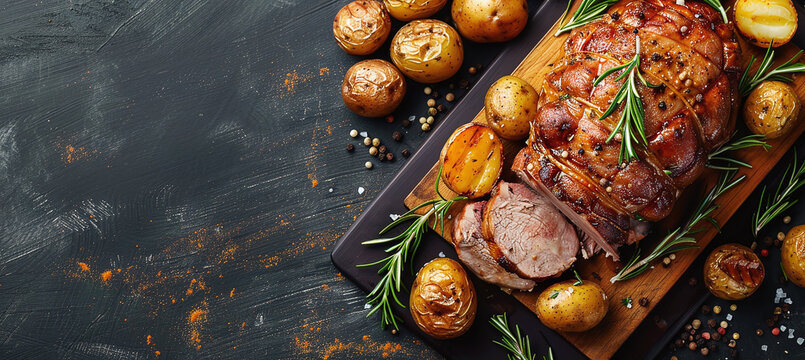 Roasted meat, potatoes with rosemary on a wooden board for Easter