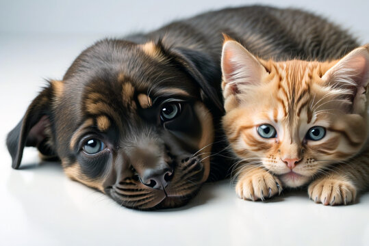 Cute adorable kitten and puppy together on isolated background.
