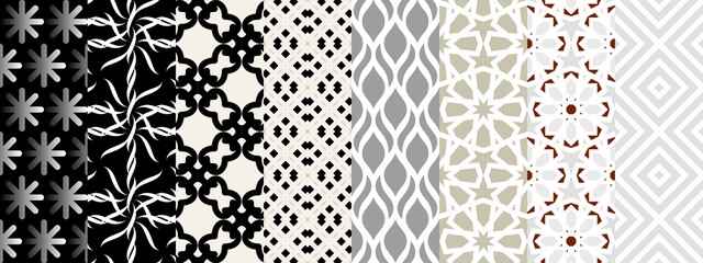 Geometric set of seamless gray, white and black patterns. Simple vector graphics.