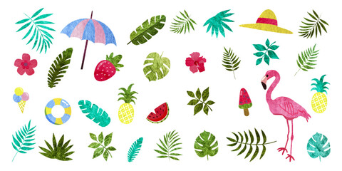 Obraz premium Set of summer icons. Watercolor tropical vector illustration. Flamingo, tropical palm leaves, fruits, ice cream. Summertime poster, scrapbooking elements.