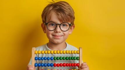 Cute smart little school boy in glasses holding abacus on yellow background. Mental arithmetic - obrazy, fototapety, plakaty